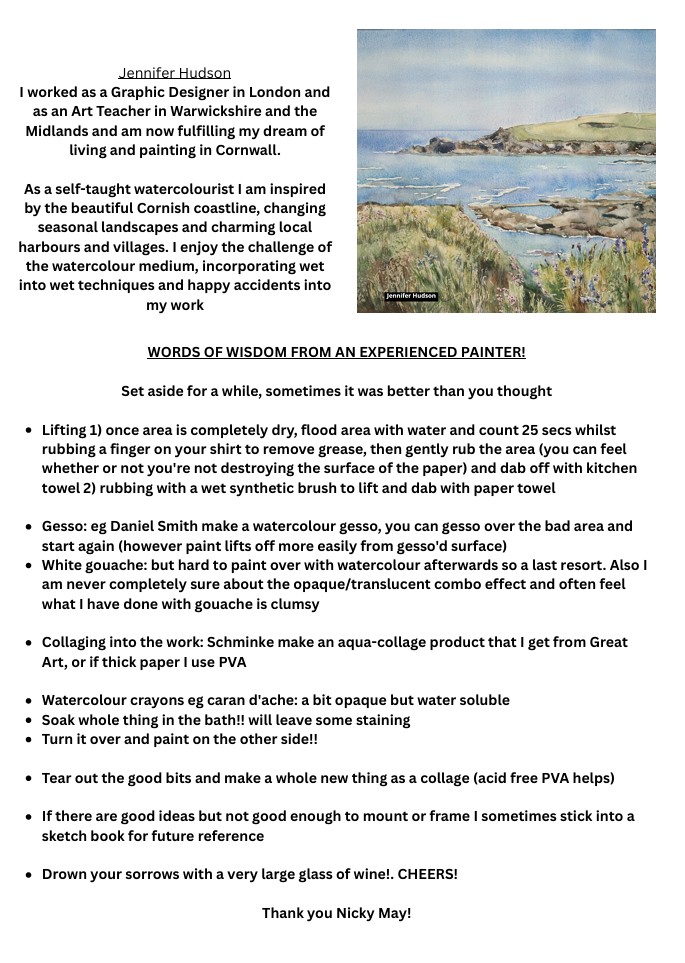 Jennifer Hudson watercolours 'the beautiful Cornish Coastline'.Nicky May article 'Words of Wisdom from an experienced painter'